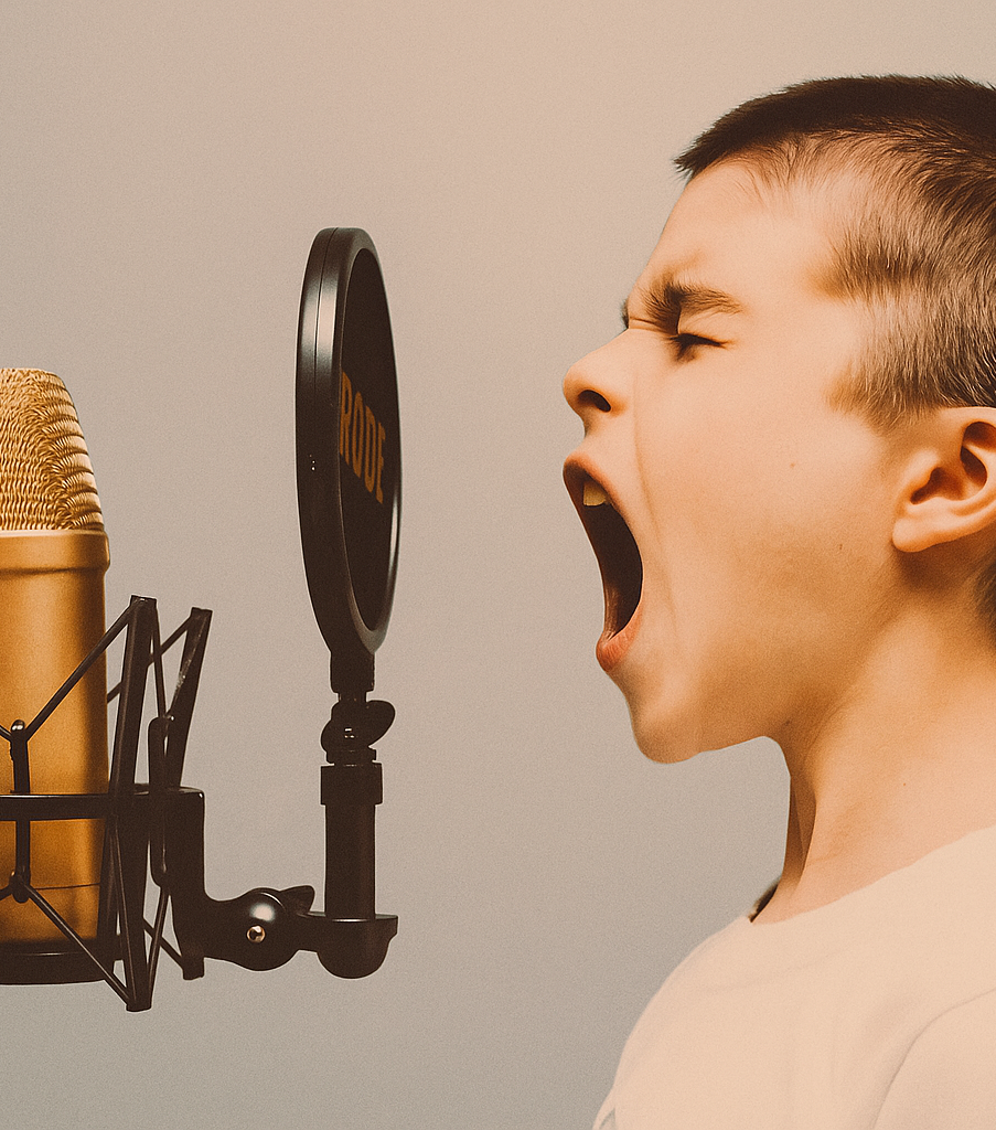 Child Expressing Emotion Into Microphone — Creative Concept Young boy passionately vocalizing or shouting into a professional studio microphone with a pop filter in front of him.